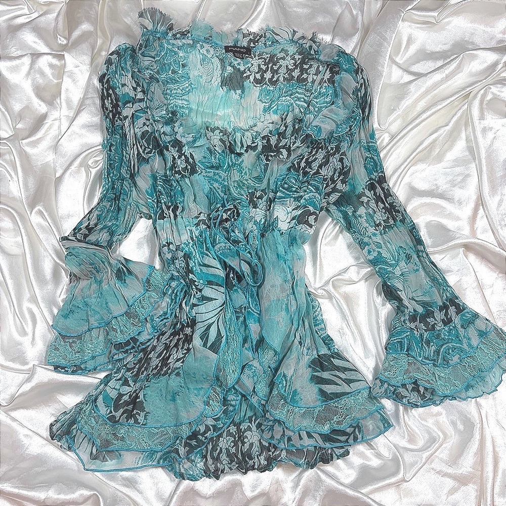 y2k Blouse Teal Excellent Floral Lace Trim Ruffle Bell Sleeve Wrap Top